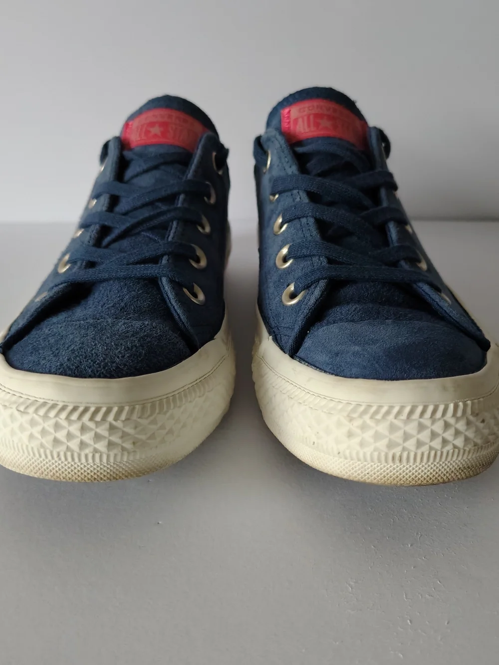 Converse Women's 6 Navy Suede Low-Top Sneakers with Pink Tongue & Stripe Accent